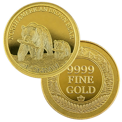 North American Brown Bear 1/2 Gram .9999 Fine Gold Round (Sealed in Capsule)