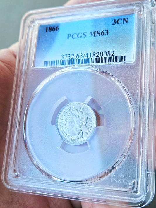 1865 PCGS MS62 Three Cent Nickel 3CN Error