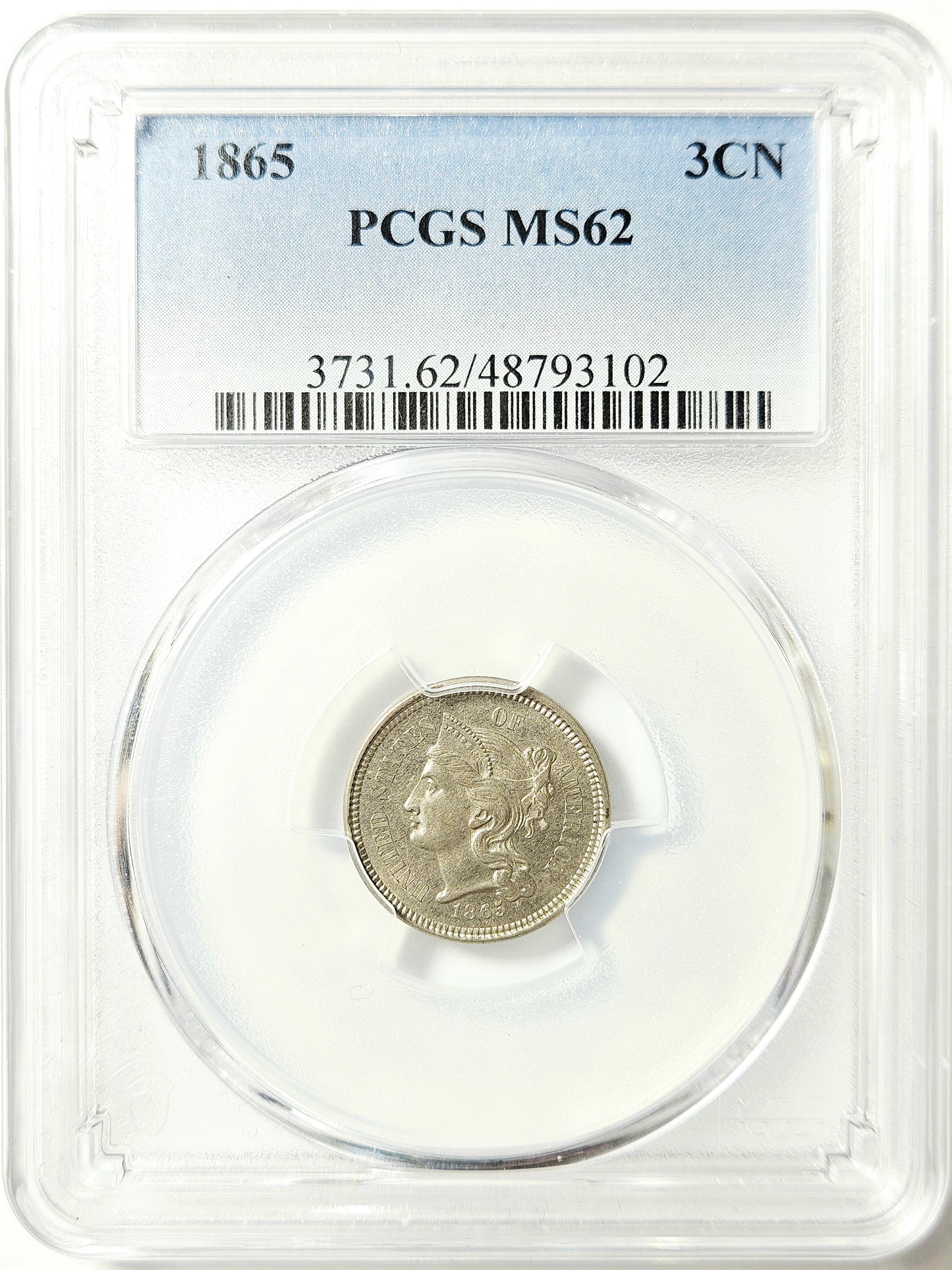 1865 PCGS MS62 Three Cent Nickel 3CN Error