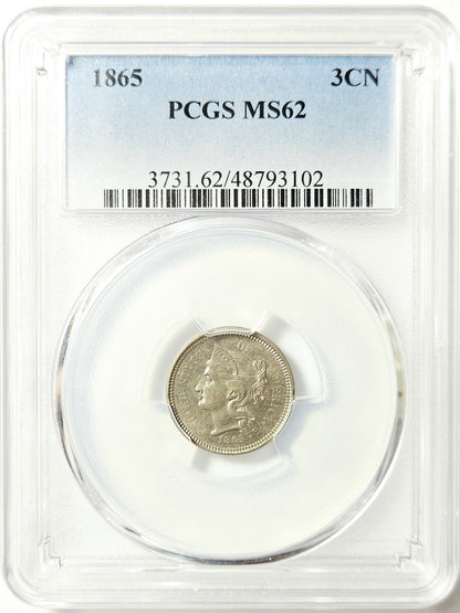 1865 PCGS MS62 Three Cent Nickel 3CN Error